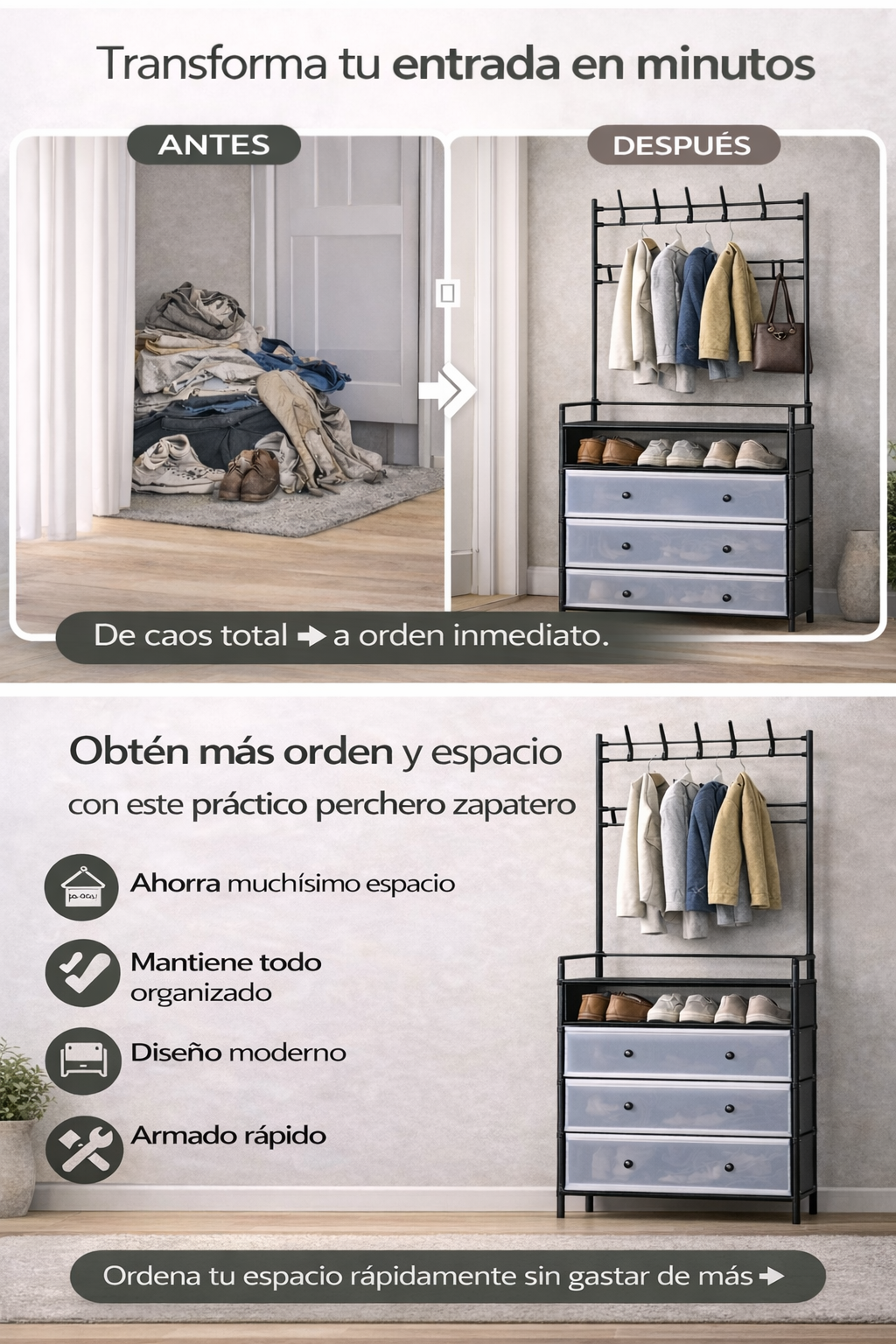 Perchero Zapatero ¡De caos total a orden en minutos sin gastar en muebles caros!